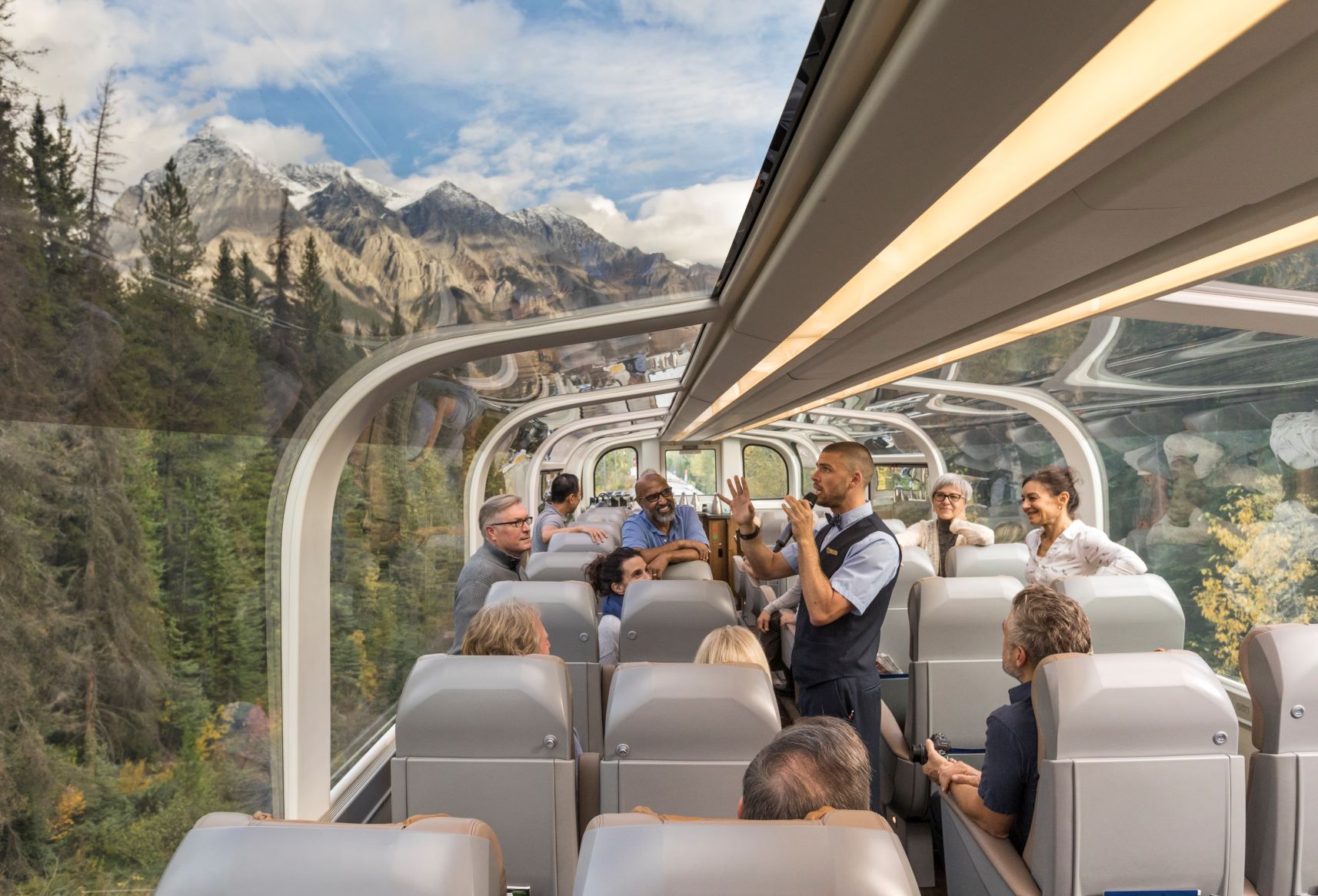 A scenic train ride through the Canadian Rockies.